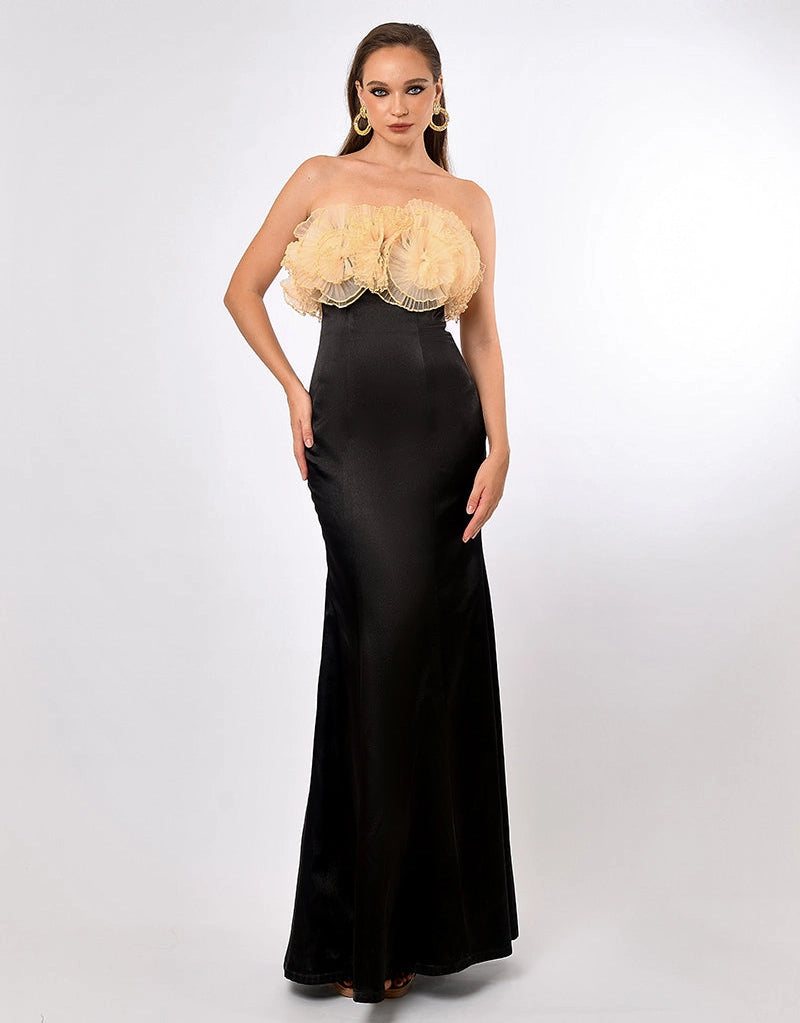 Petra Strapless Beige 3D Organza Floral Trim Black Satin Maxi Gown