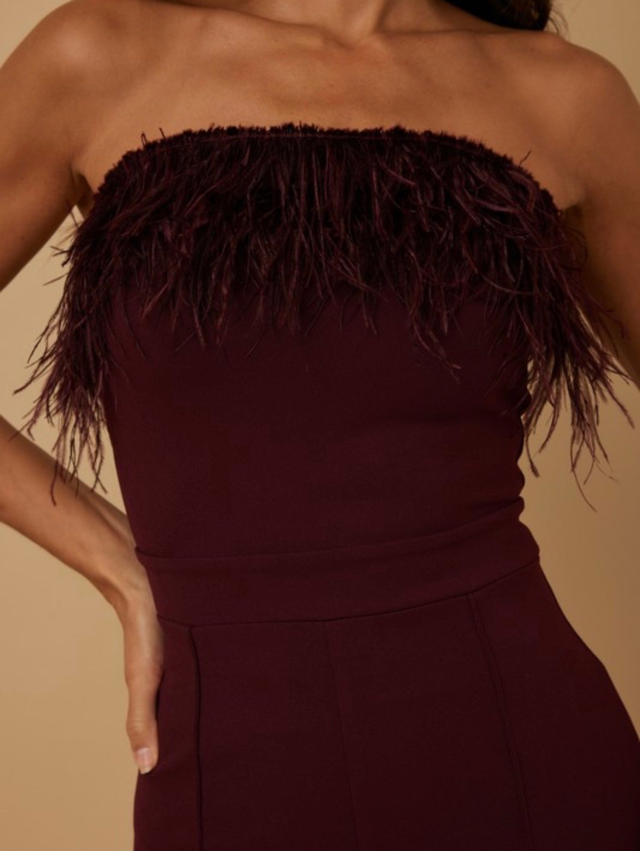 Everlynn Burgundy Strapless Feather Trim Wide Leg Jumpsuit