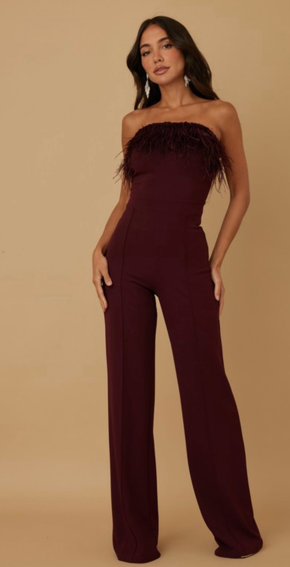 Everlynn Burgundy Strapless Feather Trim Wide Leg Jumpsuit