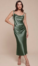 Carolina Shoulder Strap Tie Satin Midi Dress