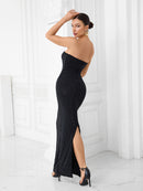 Marsella Black Strapless Crystal Embellished Rose Appliqué Maxi Dress