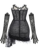 Sachi Strapless Lace Corset Draped Feather Trim Mini Dress with Matching Gloves