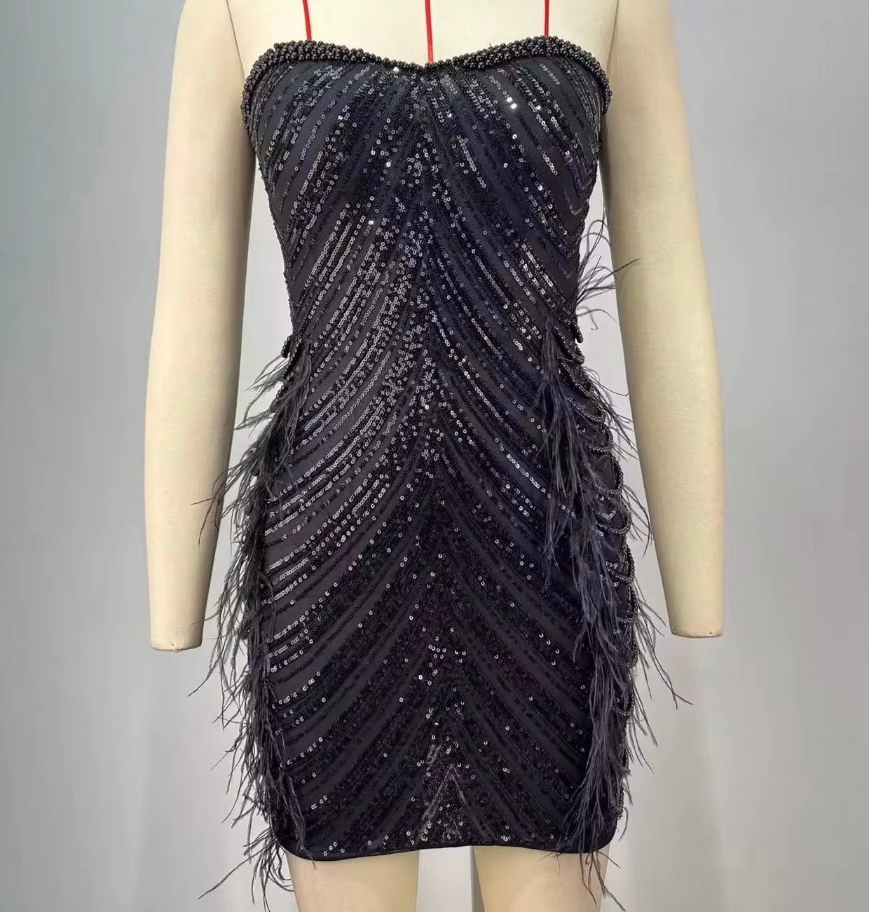 Marishka Black Strapless Sequin Bead and Feather Embellished Mini Dress