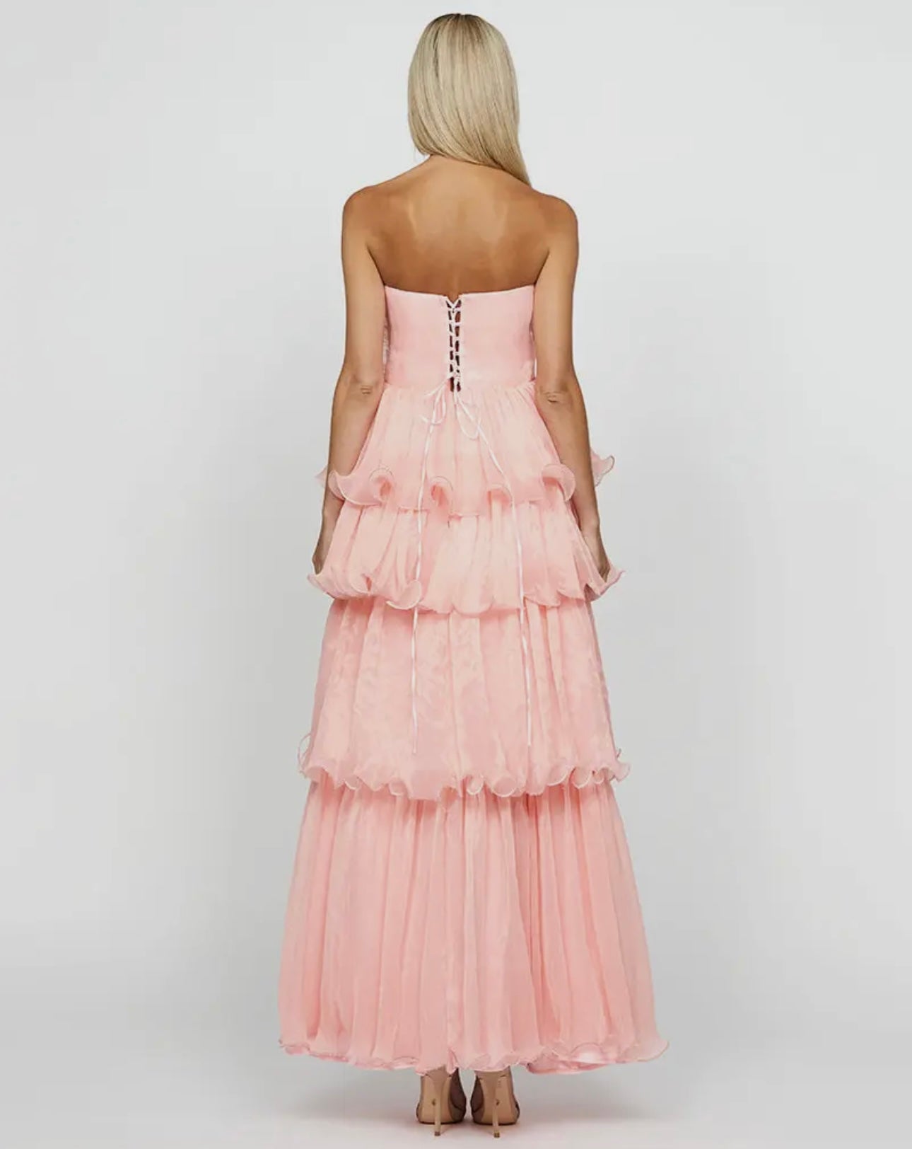 Ava Strapless Rosette Design Pleated Bodice Tiered Organza Maxi Dress