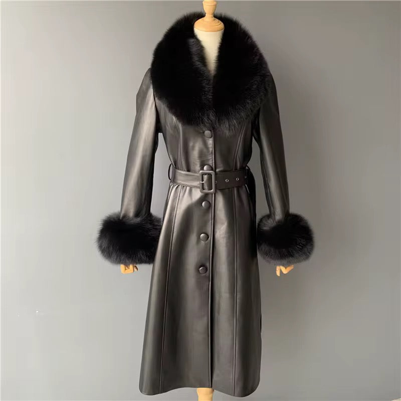 Marise Leather Midi Trench with Fox Fur Collar and Wrist Cuffs