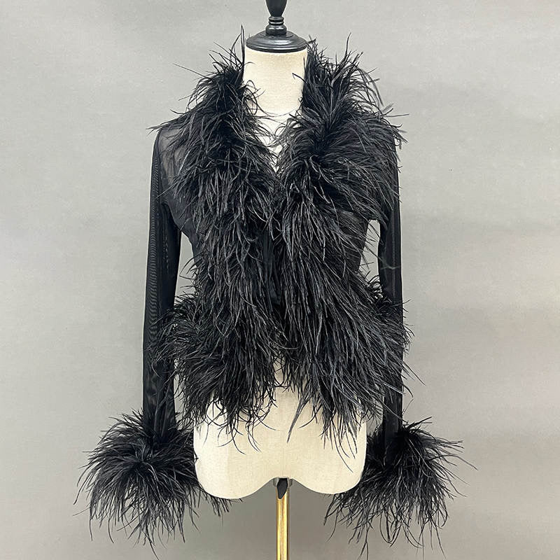 Cassie Sheer Long Sleeve Cardigan with Feather Collar and Sleeve Trim