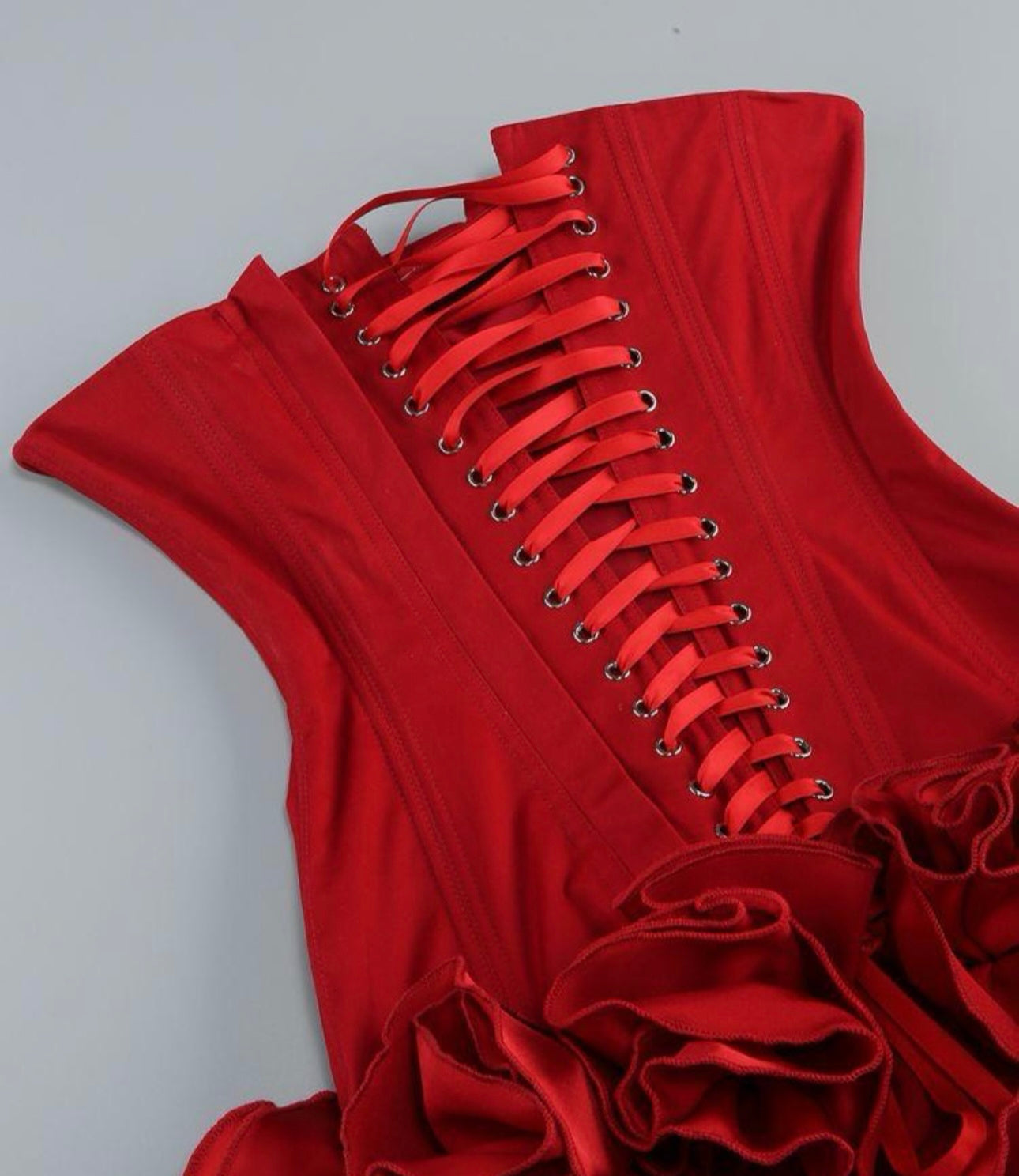 Nisa Strapless Sweetheart Neck Corset with Back Tie Ruffle Mini Dress L / Red Nisa Strapless Sweetheart Neck Corset with Back Tie Ruffle Mini Dress L / Red