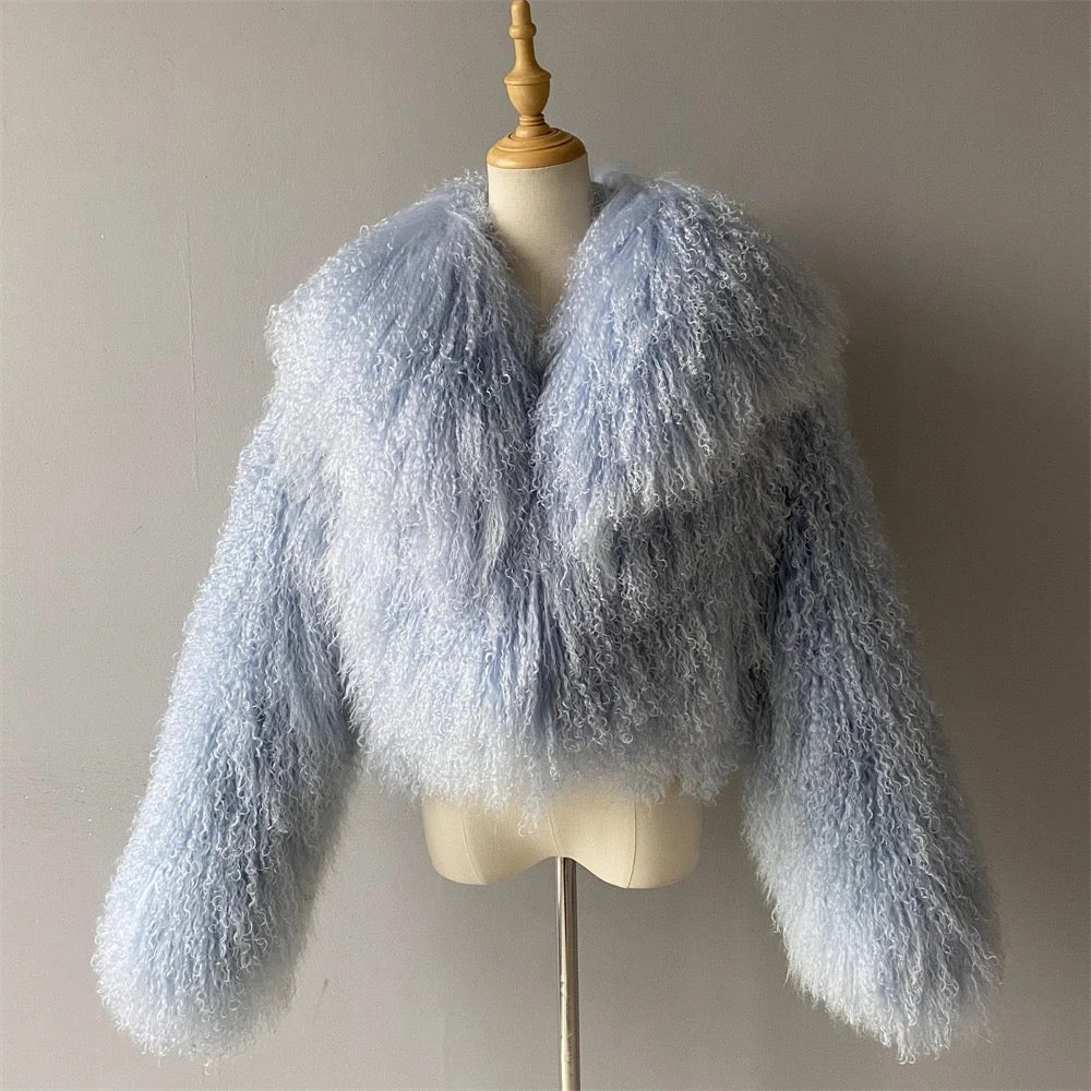 Shaya Mongolian Fur Fluffy Collar Waist Length Coat