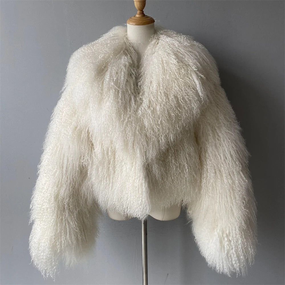 Shaya Mongolian Fur Fluffy Collar Waist Length Coat