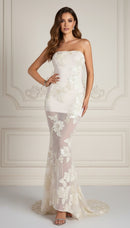 Chantal Ivory Strapless Floral Embroidered Maxi Dress with Train