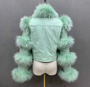 Nyla Mint Green Leather and Fur Trimmed Coat