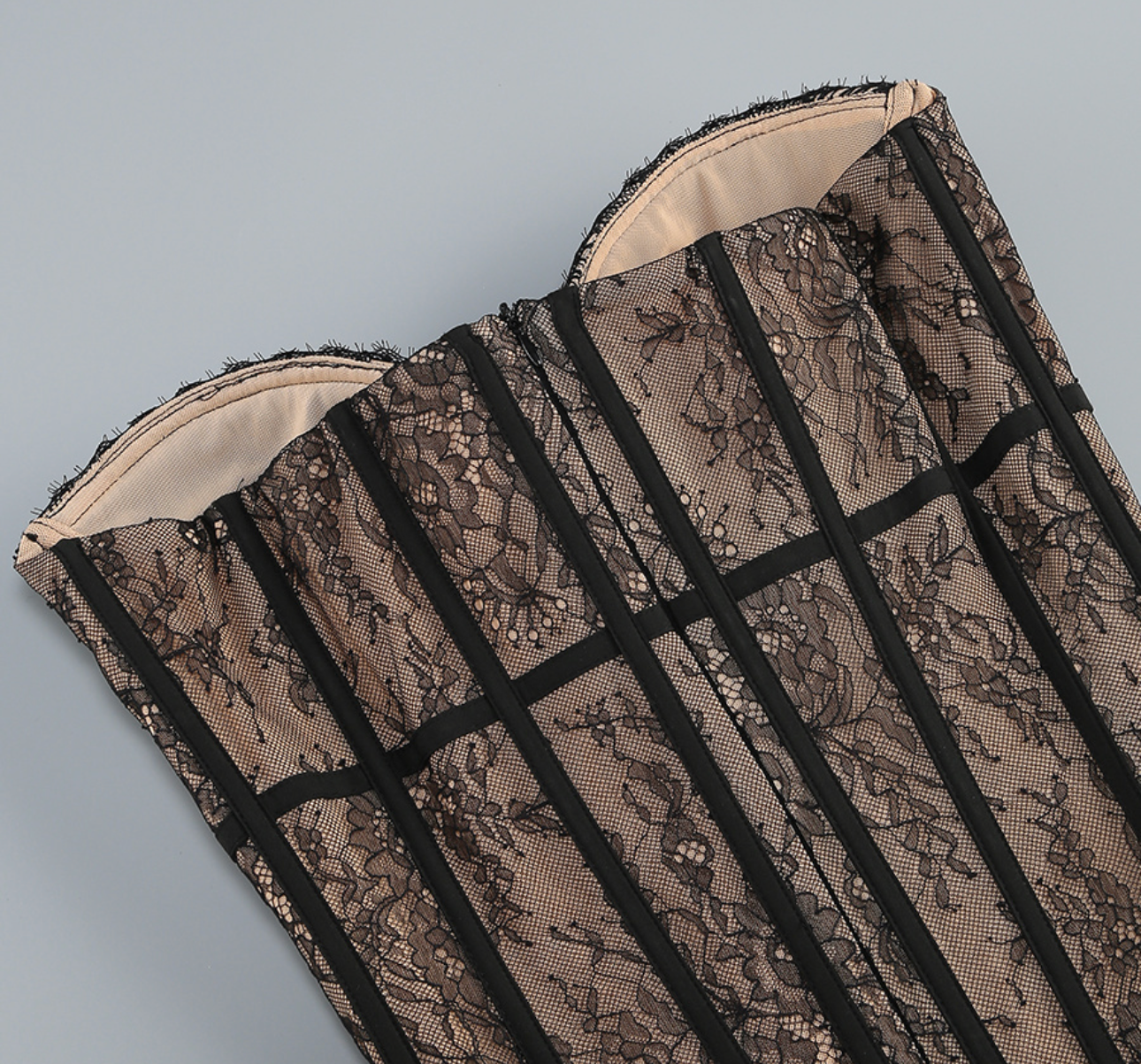 Harlett Strapless Sweetheart Neck Black Lace Nude Lining Maxi Train Dress