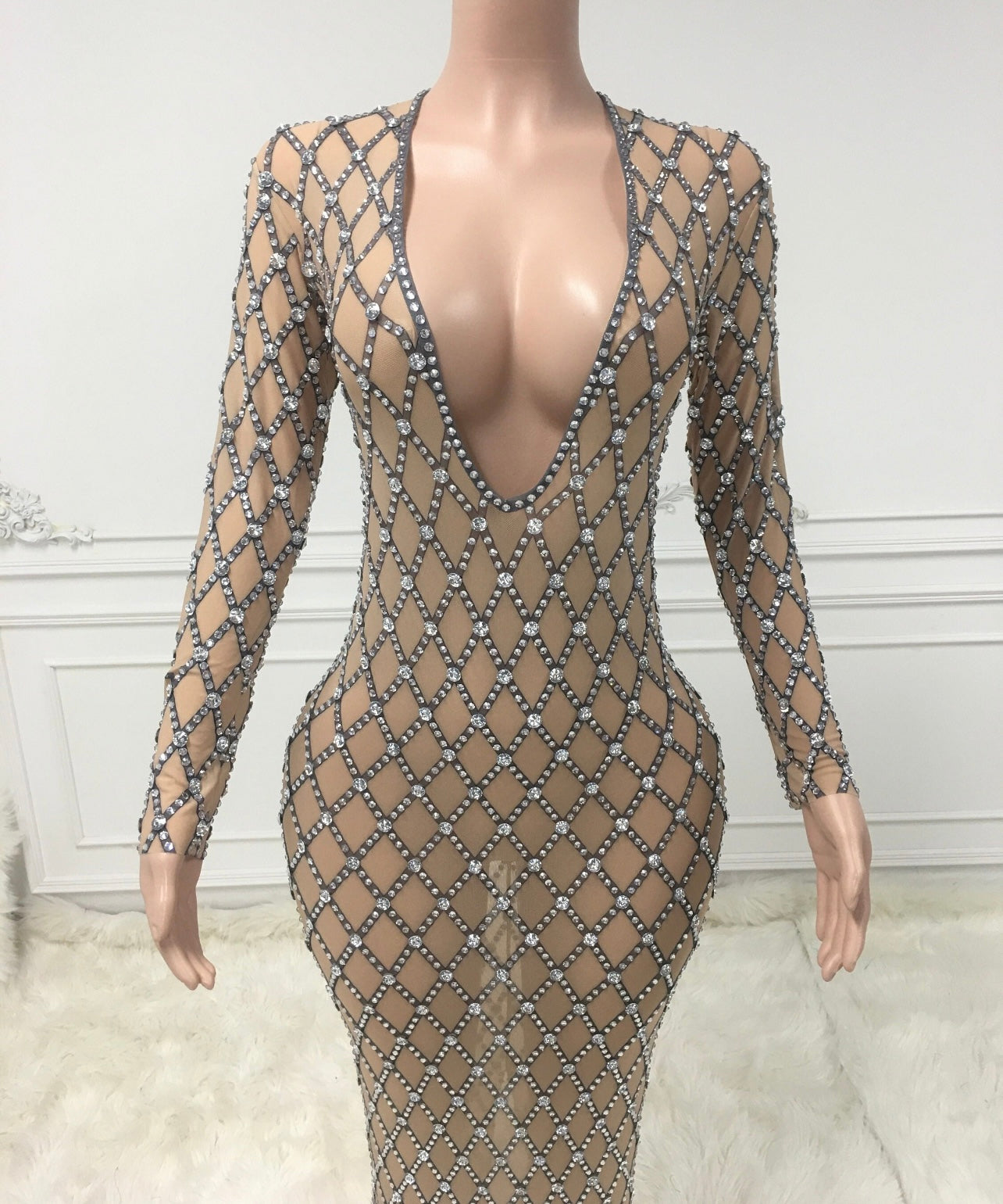 Bianca Rhinestone Embellished Deep V Maxi Gown