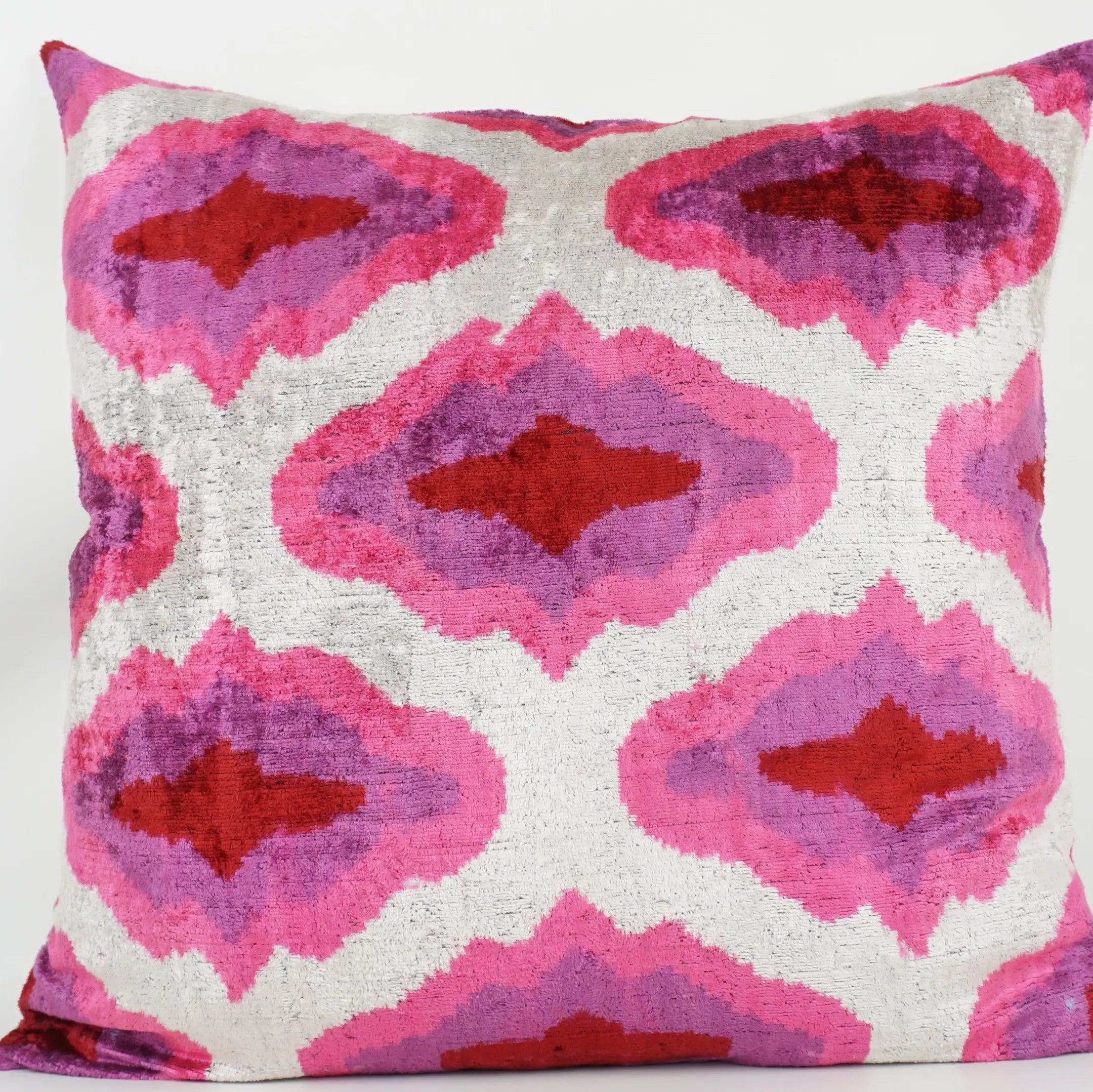 Handmade Pink, Purple, White Ikat Silk/Velvet Pillowcase 24"x24"