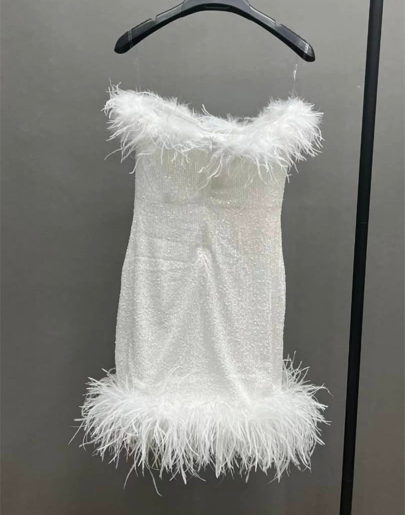 Dani White Strapless Feather Trim Sequin Mini Dress