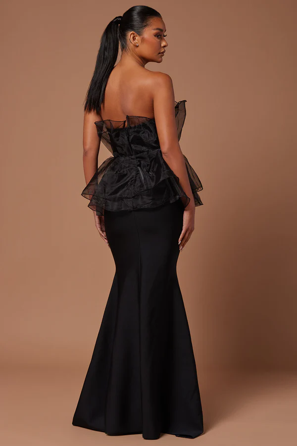 Aviva Black Strapless Organza Bodice and Peplum Bandage Maxi Skirt Dress