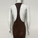 Matissa Mocha Sleeveless Draped Halter Crystal Embellished Razor Back Maxi Dress