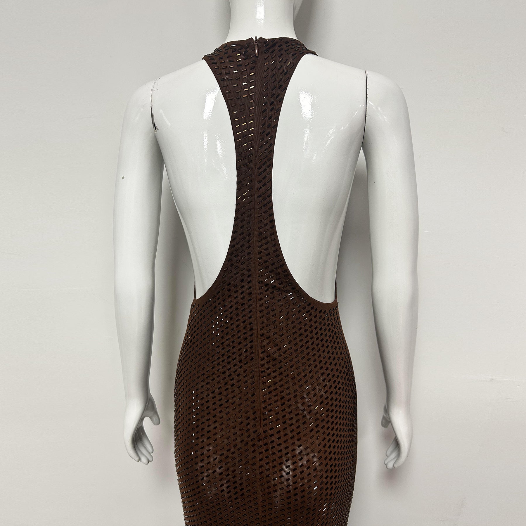 Matissa Mocha Sleeveless Draped Halter Crystal Embellished Razor Back Maxi Dress
