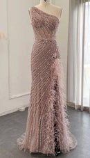 Vanina Blush One Shoulder Sequin Ostrich Feather Trim High Slit Gown