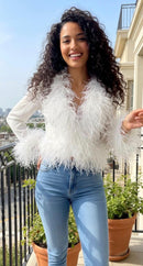 Cassie Sheer Long Sleeve Cardigan with Feather Collar and Sleeve Trim