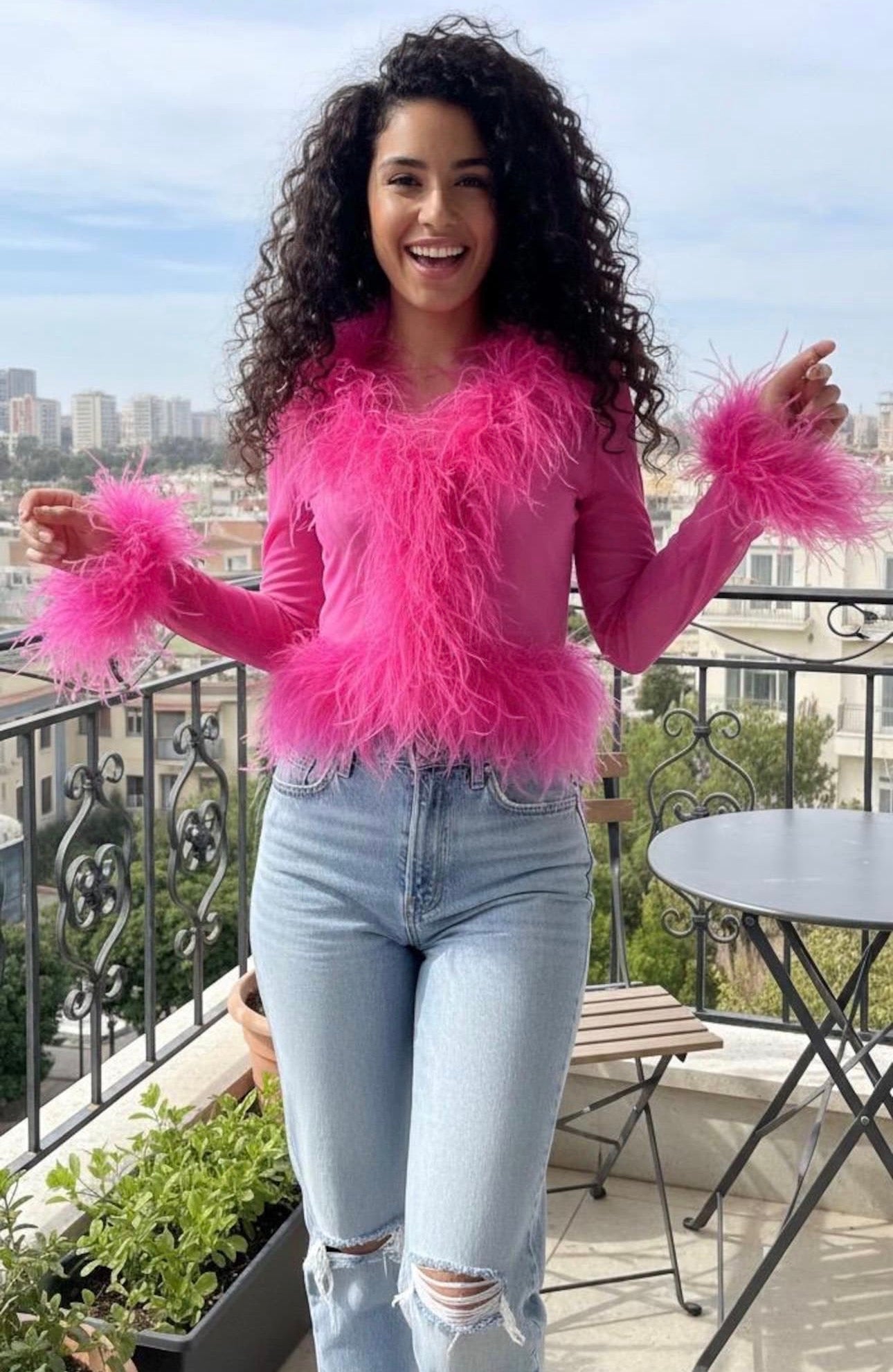 Cassie Sheer Long Sleeve Cardigan with Feather Collar and Sleeve Trim