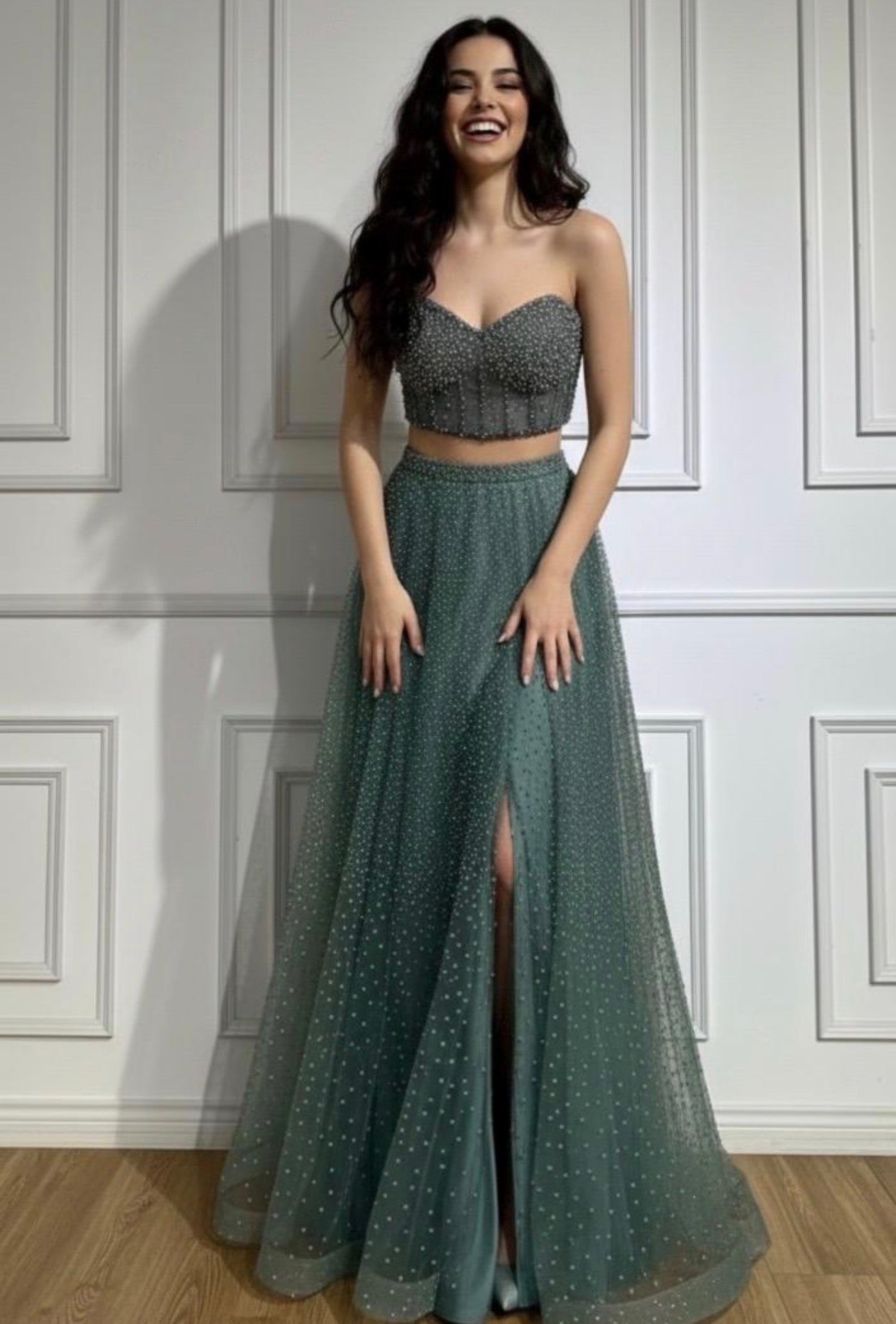 Mila Teal Crystal Bead Embellished Corset Crop Top and ALine Full Skirt Set Gown