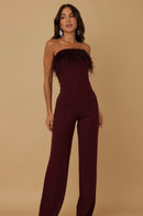 Everlynn Burgundy Strapless Feather Trim Wide Leg Jumpsuit