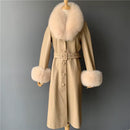 Marise Leather Midi Trench with Fox Fur Collar and Wrist Cuffs