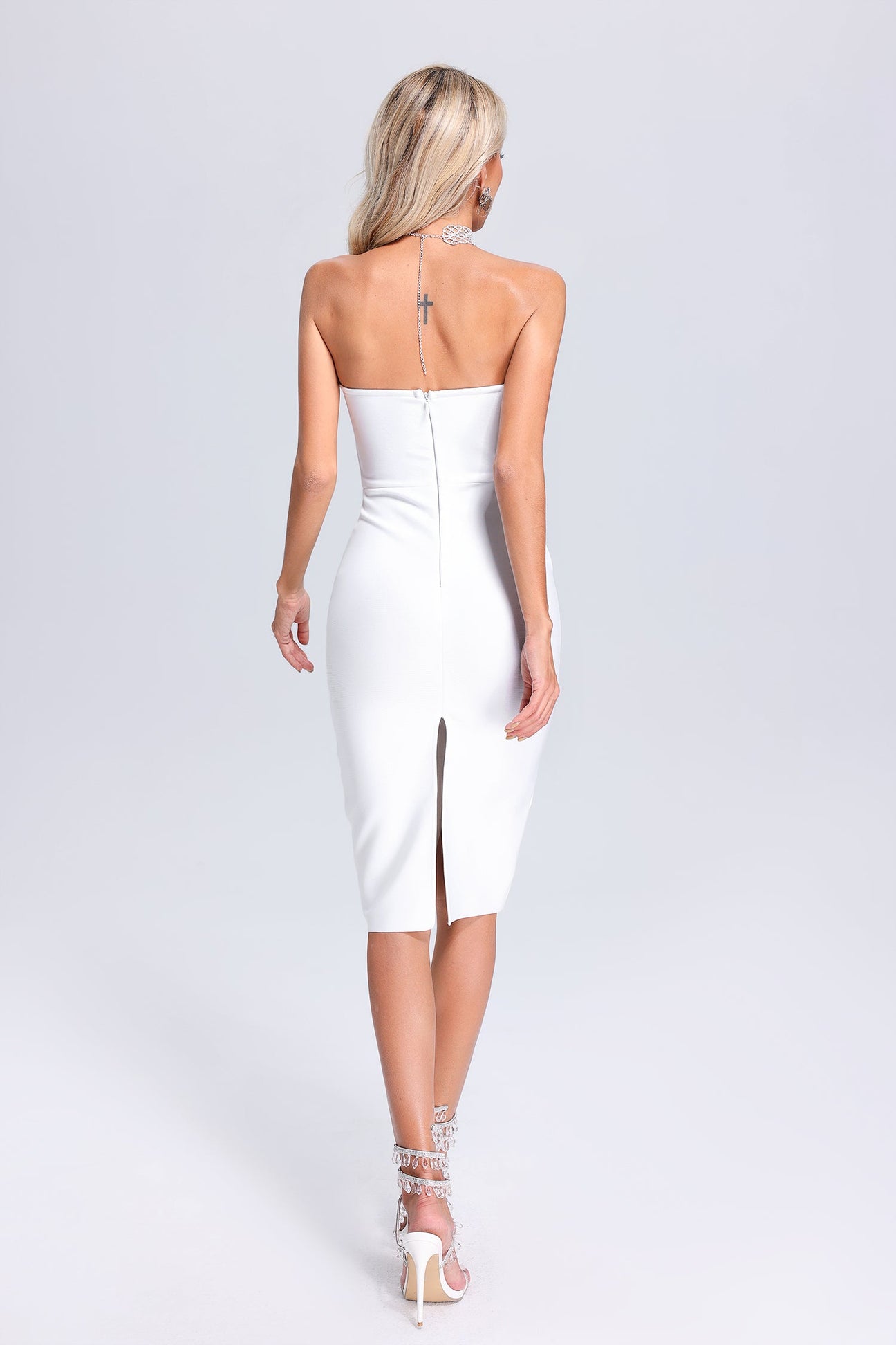 Renata White Strapless 3D Flower Midi Bandage Dress