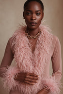 Cassie Sheer Long Sleeve Cardigan with Feather Collar and Sleeve Trim