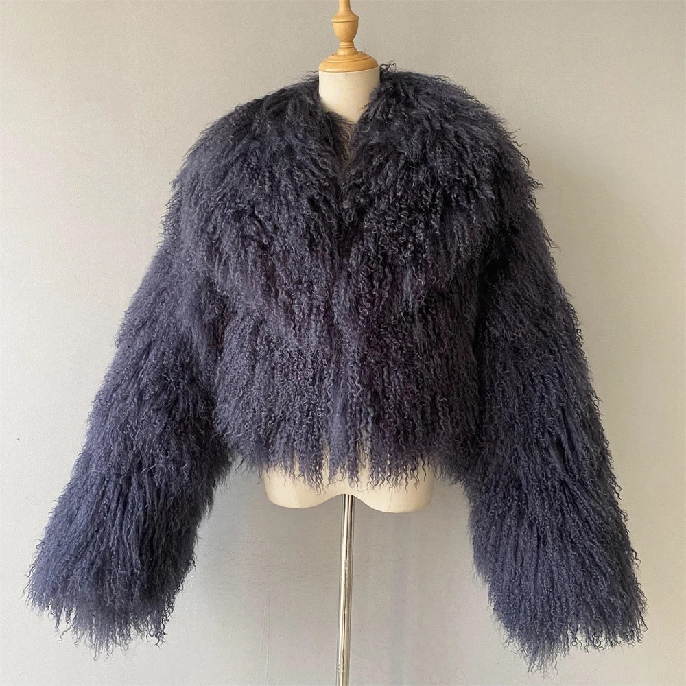 Shaya Mongolian Fur Fluffy Collar Waist Length Coat