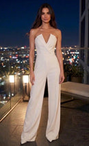 Jordana White Strapless VNeck Jumpsuit with Sheer Pearl Embellished Bodysuit