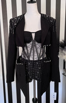 Teagan Strapless Sequin Crystal Embellished Mesh Corset Romper with Rhinestone Trim Cutout Blazer