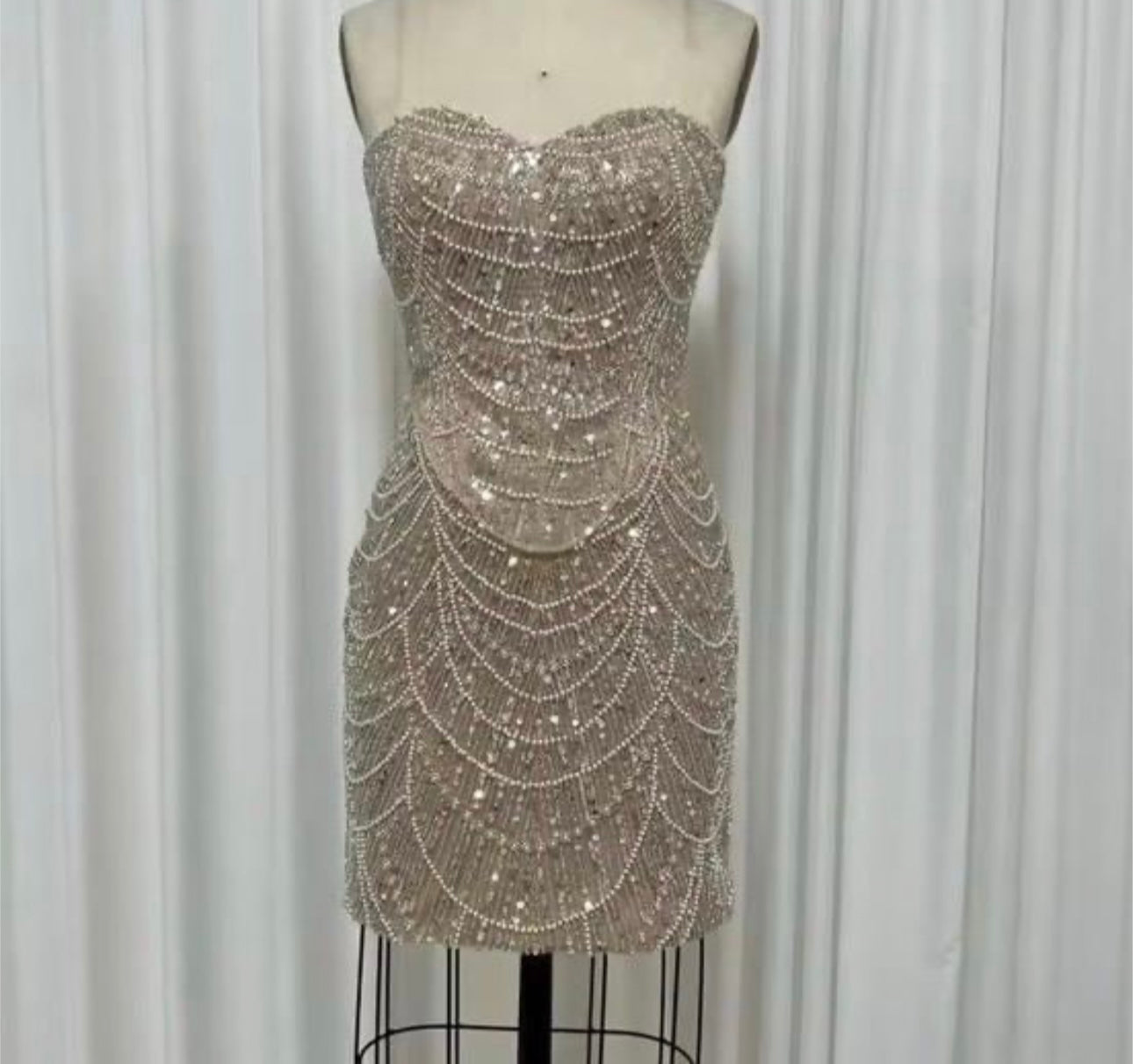 Viviana Strapless Sweetheart Neck Pearl Sequin Embellished Mini Dress