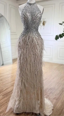 Felisa Bead and Feather Embellished Halter Gown