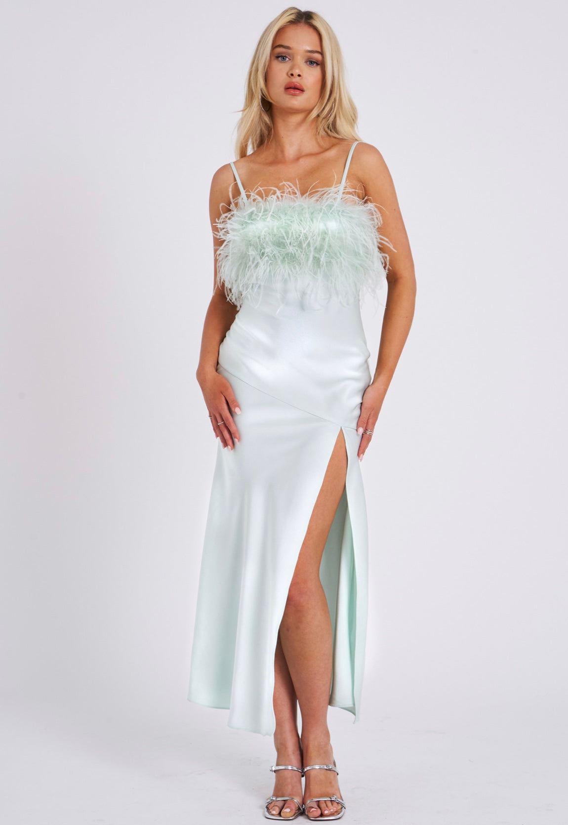 Chelsea Mint Sleeveless Feather Trim Satin Maxi Dress