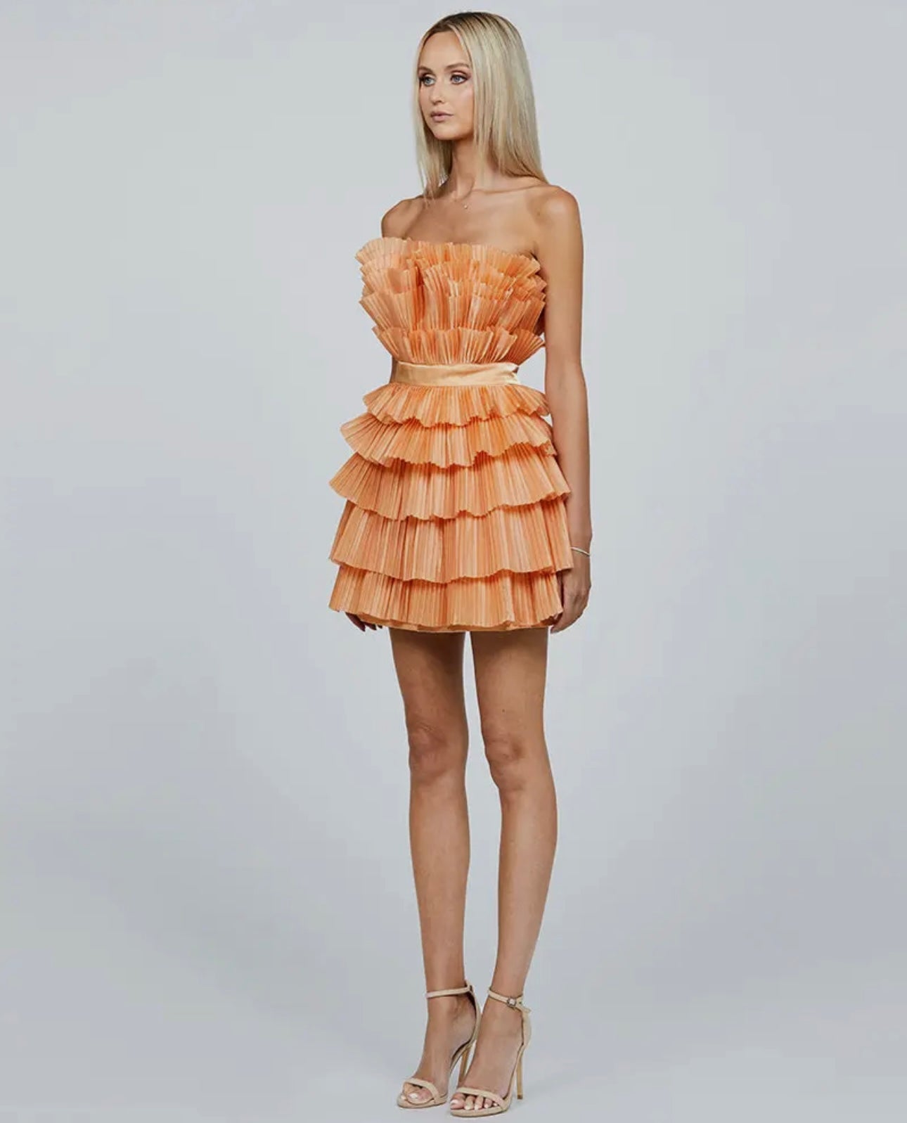 Mara Apricot Strapless Pleated Tiered Ruffle Mini Dress