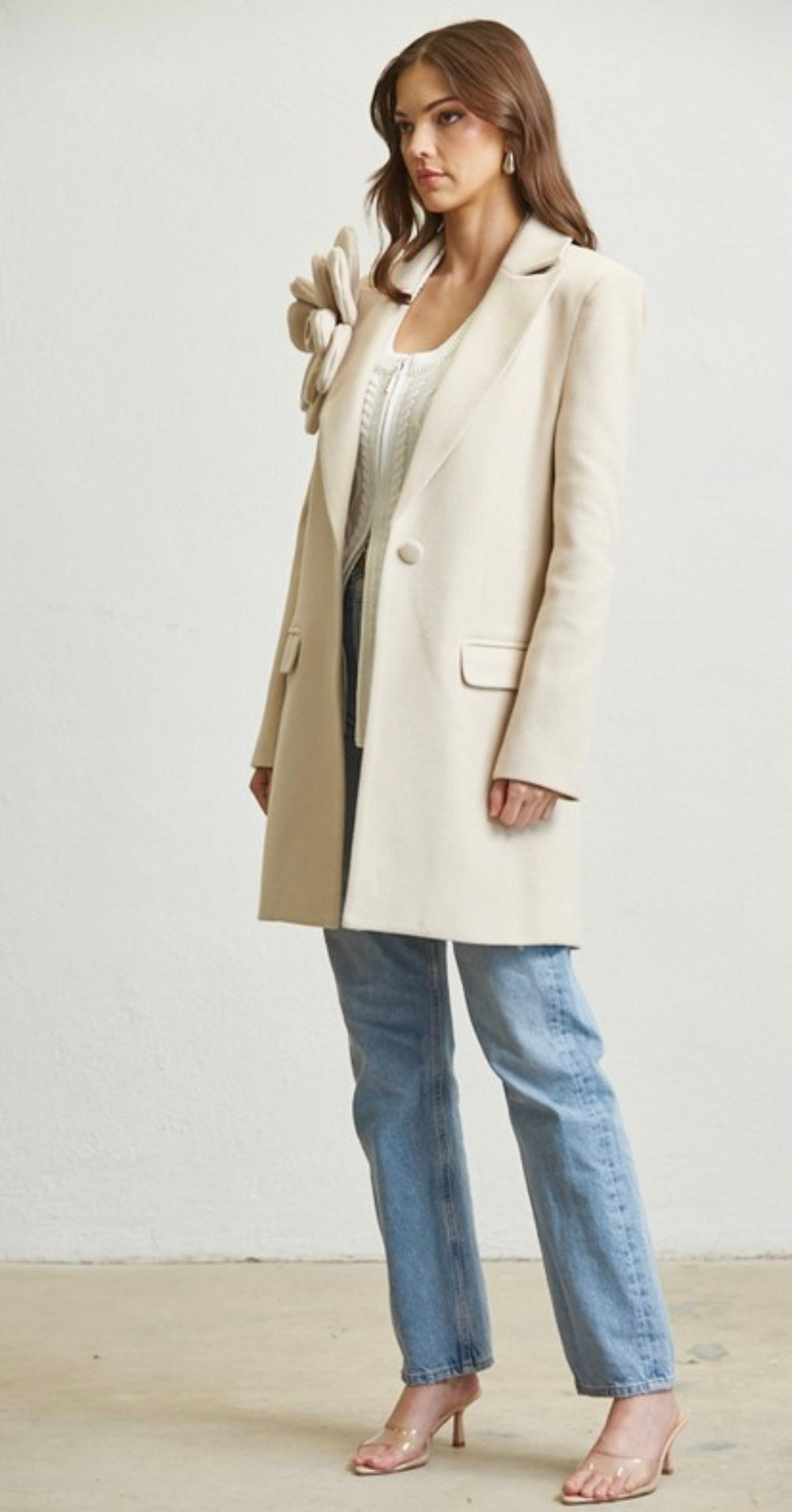 Liana Ivory Large 3D Appliqué Mid Length Coat