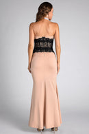 Macilee Strapless Beige Sweetheart Neckline Black Lace Corset Maxi Mermaid Dress