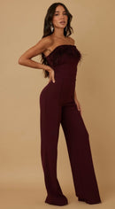 Everlynn Burgundy Strapless Feather Trim Wide Leg Jumpsuit