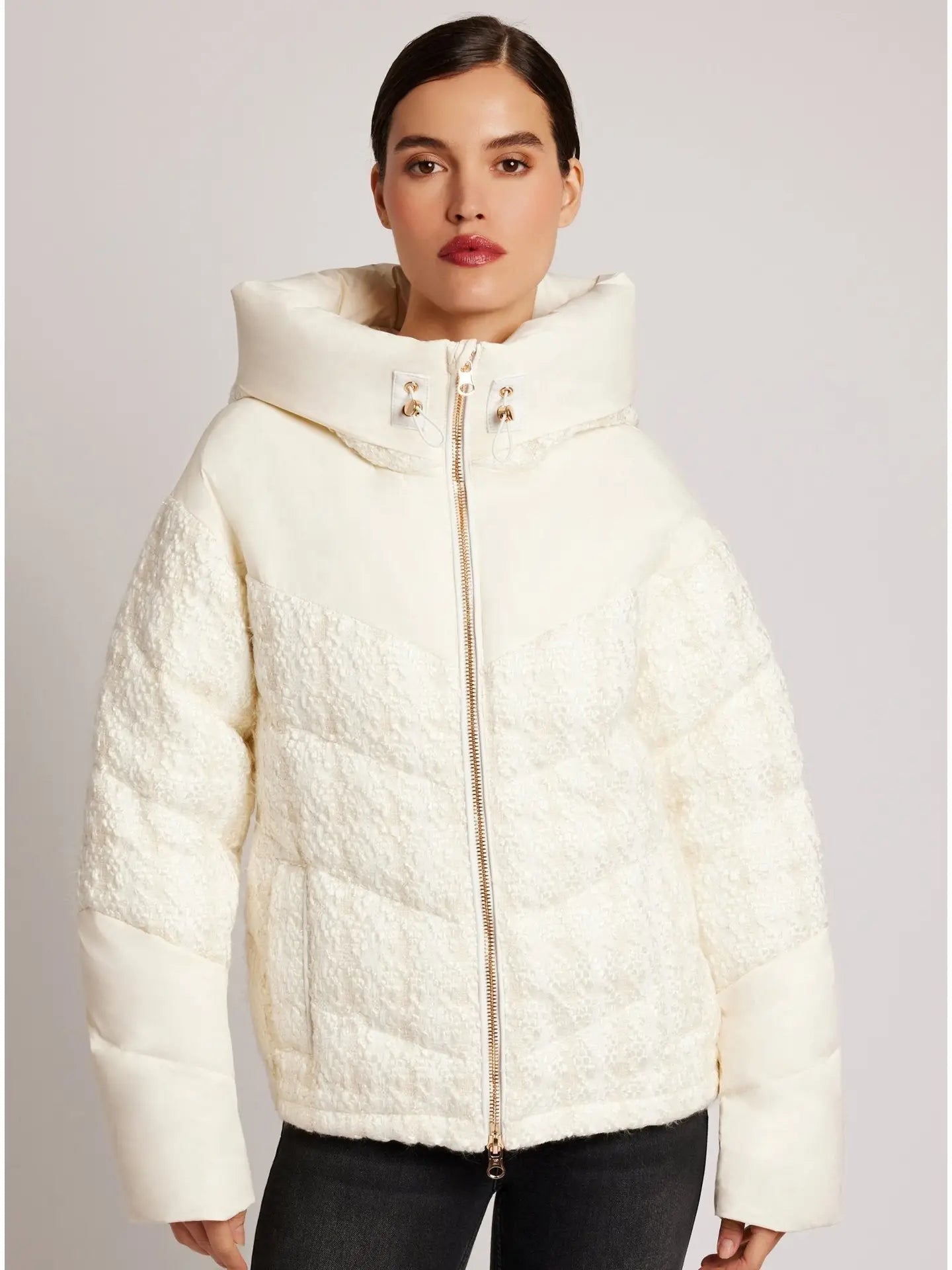 Mishi Boucle Down Filled Puffer Coat with Gold Trim