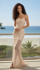 Diem White Strapless Pearl Bead Sequin Embellished Mini with Sheer Overlay Maxi Gown