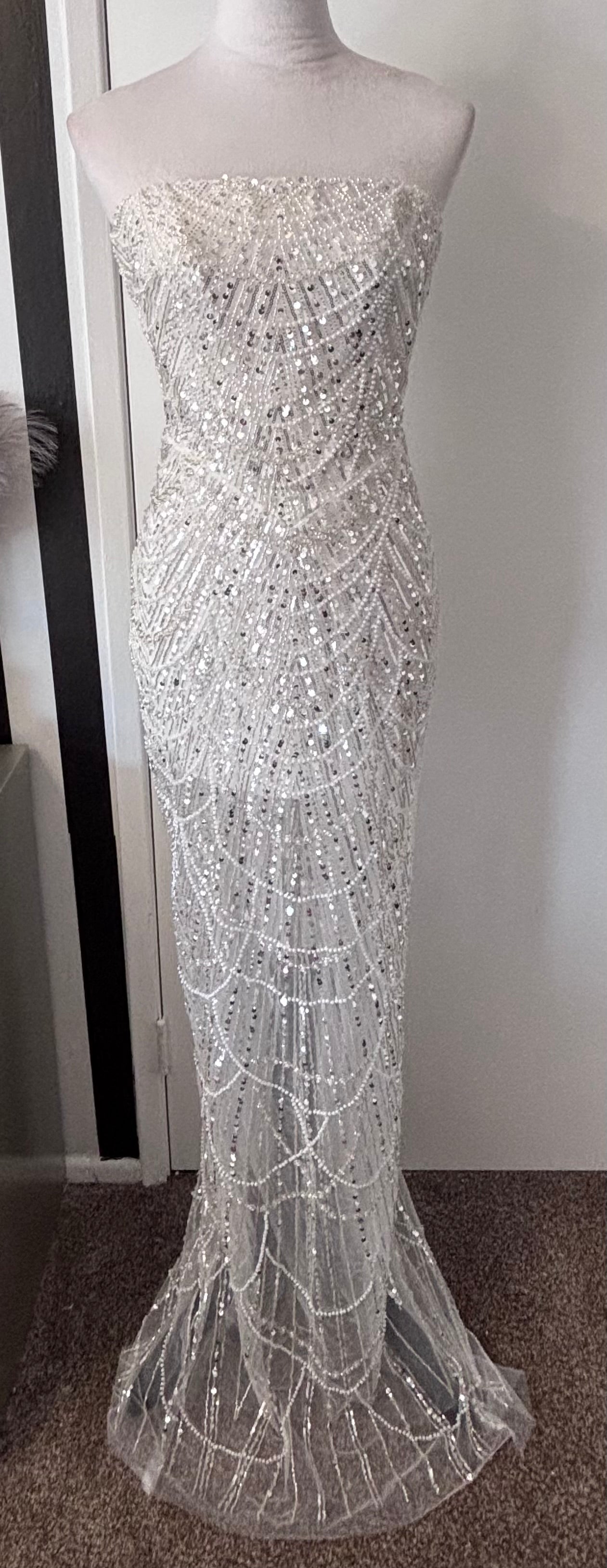 Diem White Strapless Pearl Bead Sequin Embellished Mini with Sheer Overlay Maxi Gown