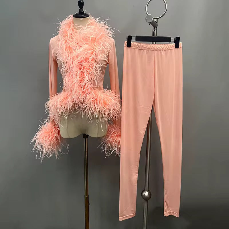 Nora Mesh Feather Bolero Cardigan and Mesh Pants Set
