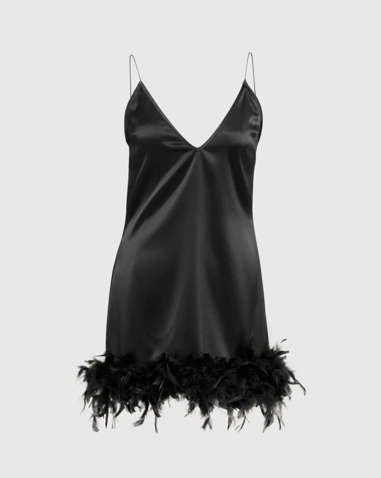 Illaria Satin Mini Slip Dress with Feather Trim