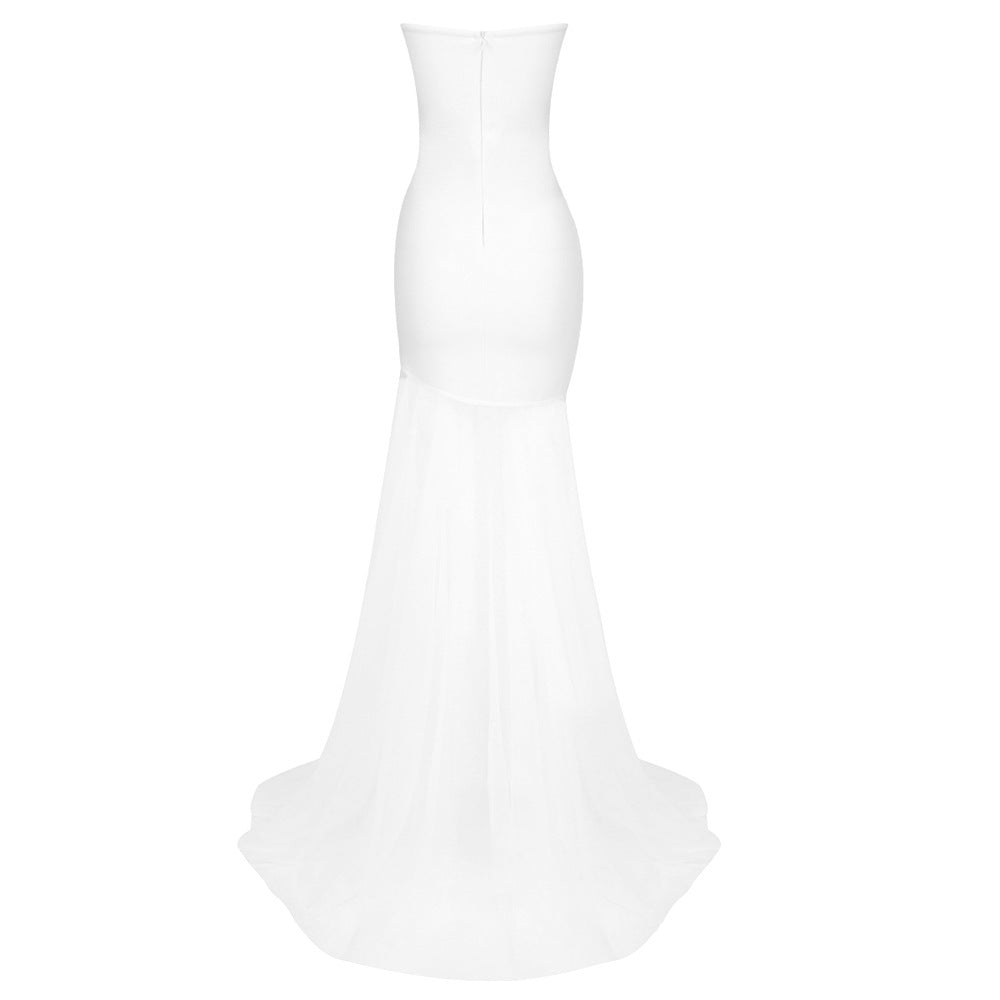 Chera Strapless Crystal Flower Embellishment on White Asymmetrical Hem Mini Dress with Tulle Draped Train