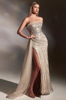 Nia Strapless Nude Beaded High Slit Tulle Side Embellished Sash Gown