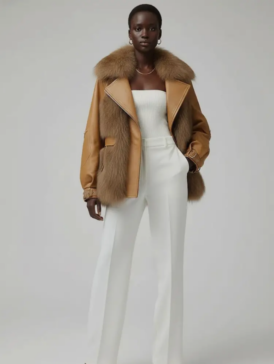 Shayna Camel Vegan Leather and Fur Oversized Bomber