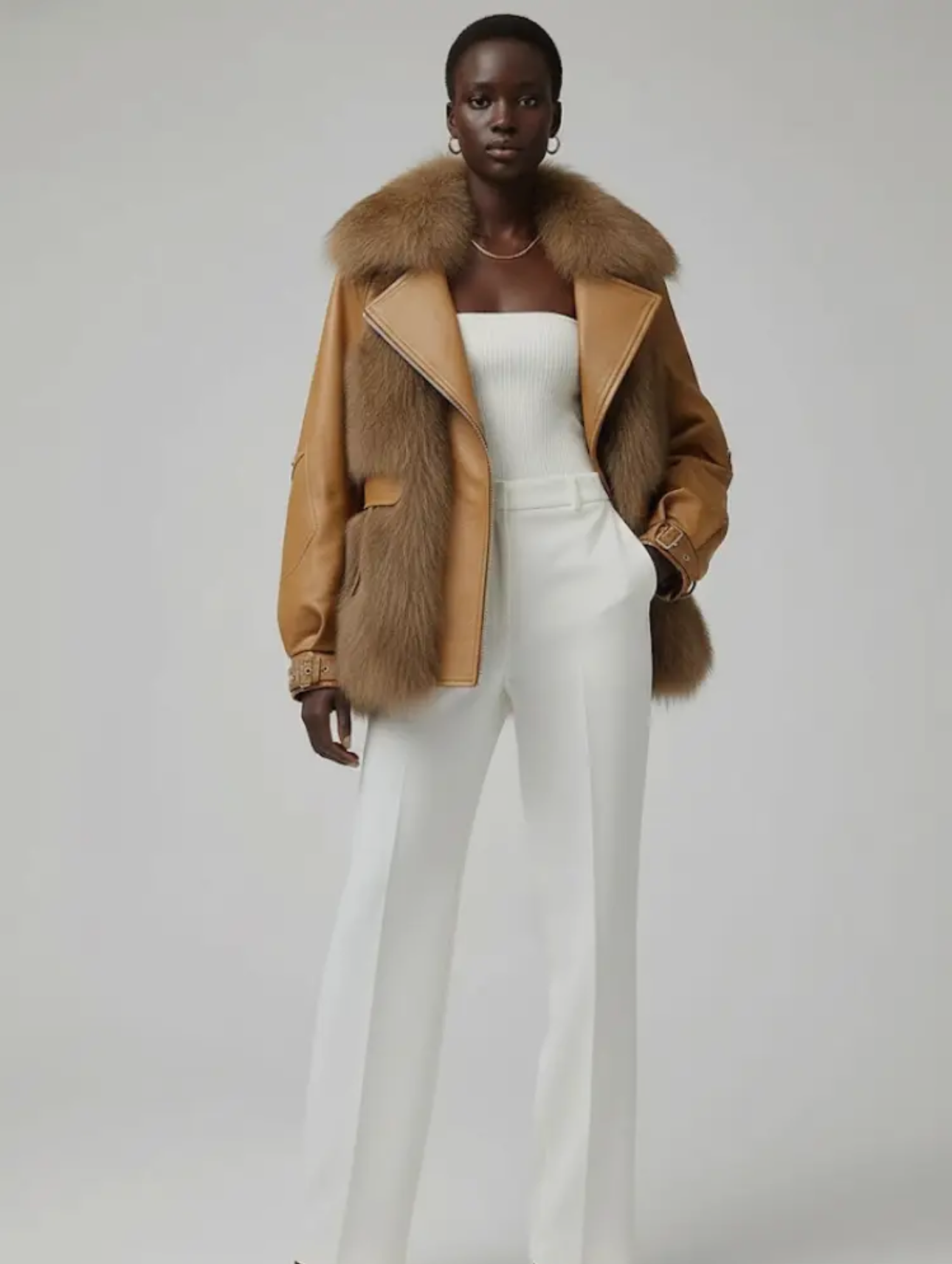 Shayna Camel Vegan Leather and Fur Oversized Bomber