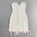 Tawni White Strapless Sweetheart Neck Mini Dress with Pink Crystals and Feather Embellishments